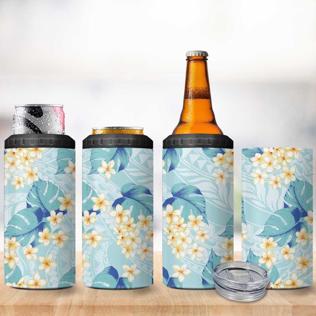 Pastel Cyan Tropical Hawaii 4 in 1 Can Cooler Tumbler Seamless Monstera Plumeria Hawaiian Pattern - Polynesian Pride