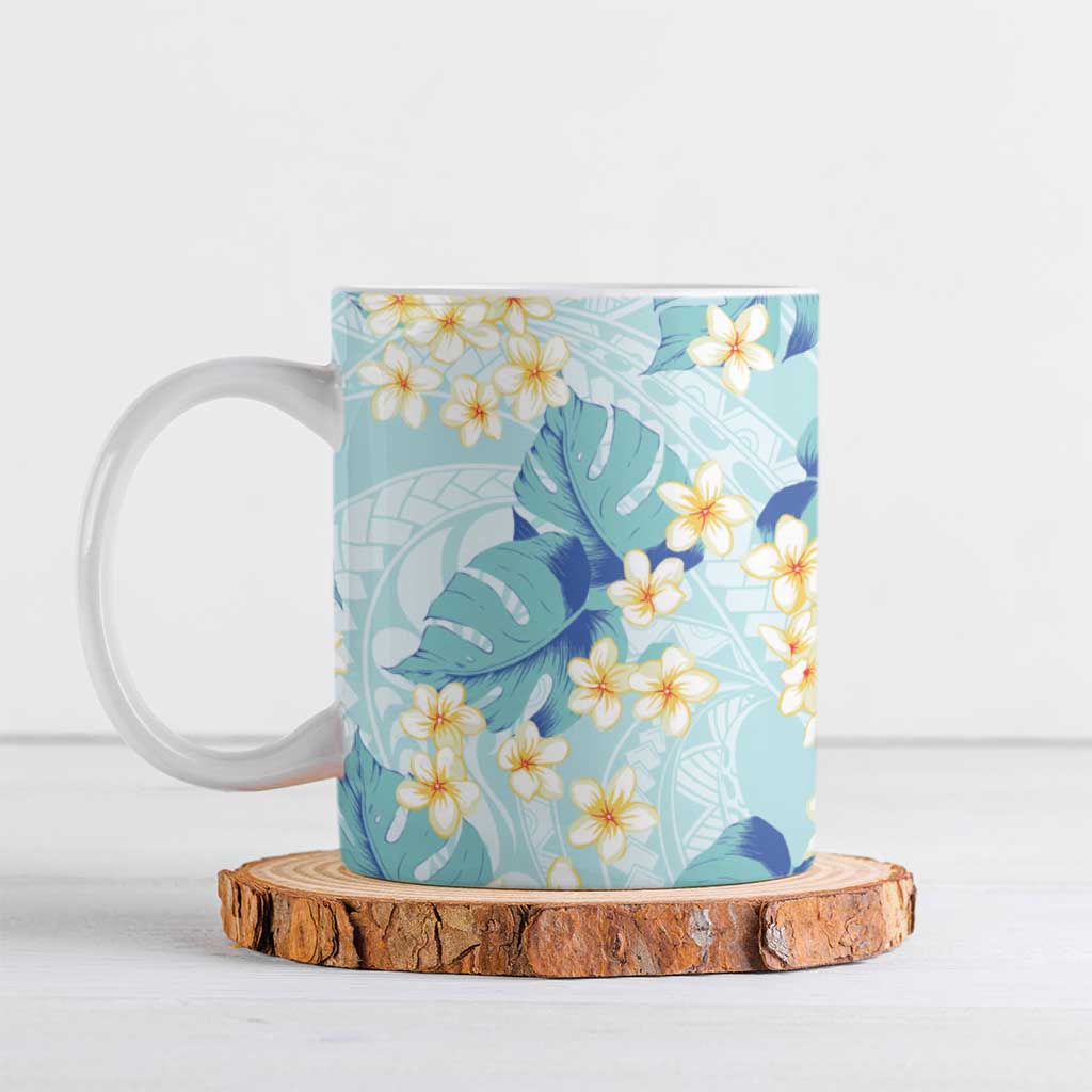 Pastel Cyan Tropical Hawaii Ceramic Mug Seamless Monstera Plumeria Hawaiian Pattern - Polynesian Pride