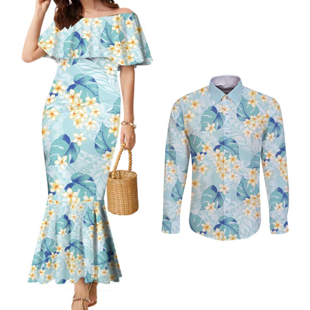 Pastel Cyan Tropical Hawaii Couples Matching Mermaid Dress and Long Sleeve Button Shirt Seamless Monstera Plumeria Hawaiian Pattern - Polynesian Pride