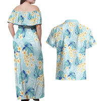 Pastel Cyan Tropical Hawaii Couples Matching Off Shoulder Maxi Dress and Hawaiian Shirt Seamless Monstera Plumeria Hawaiian Pattern - Polynesian Pride