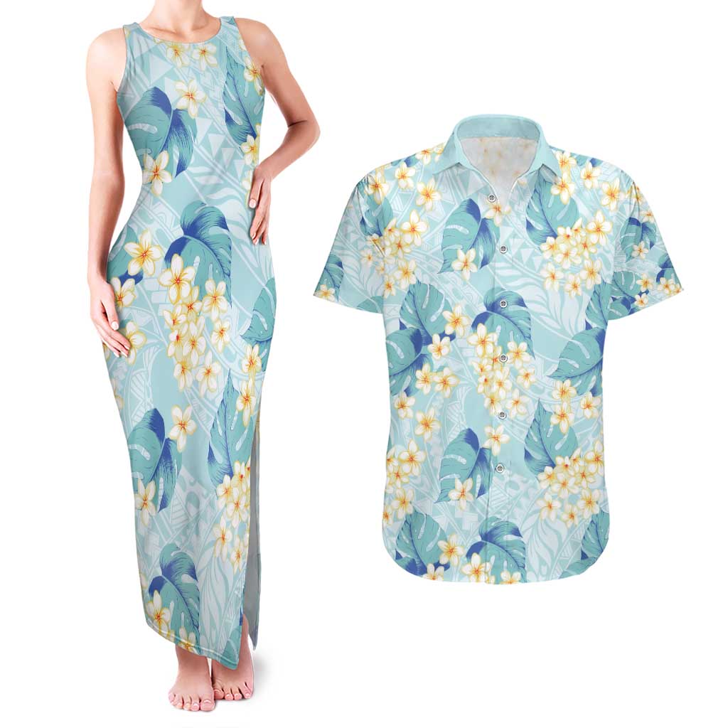 Pastel Cyan Tropical Hawaii Couples Matching Tank Maxi Dress and Hawaiian Shirt Seamless Monstera Plumeria Hawaiian Pattern - Polynesian Pride