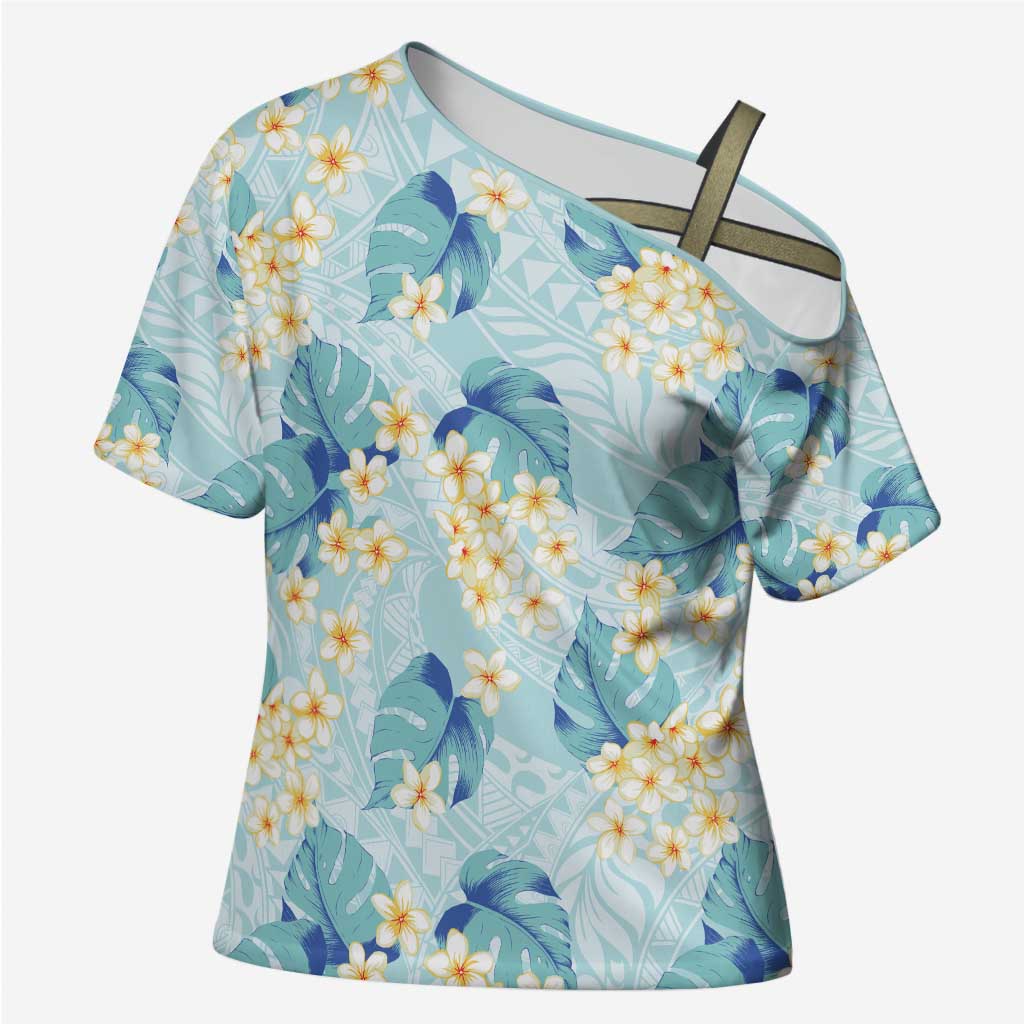 Pastel Cyan Tropical Hawaii Cross Shoulder Shirt Seamless Monstera Plumeria Hawaiian Pattern - Polynesian Pride
