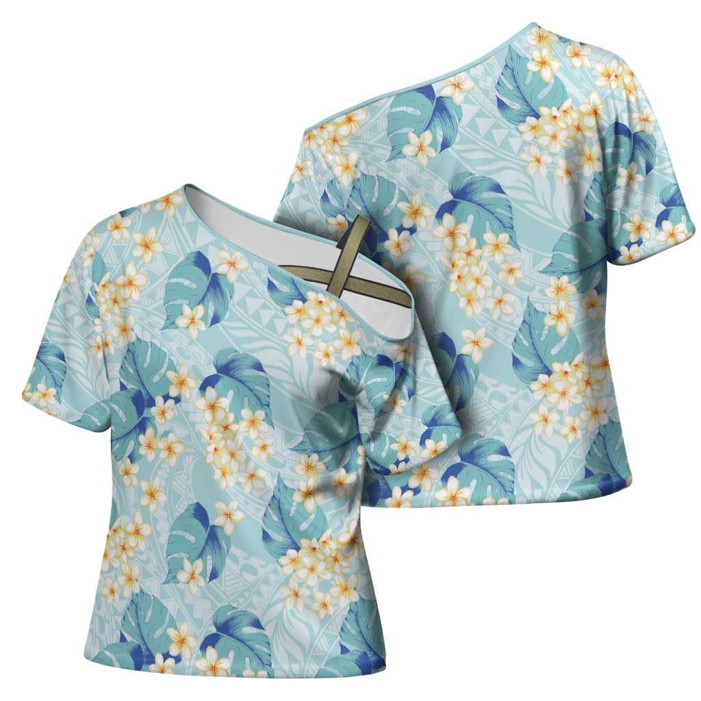Pastel Cyan Tropical Hawaii Cross Shoulder Shirt Seamless Monstera Plumeria Hawaiian Pattern - Polynesian Pride