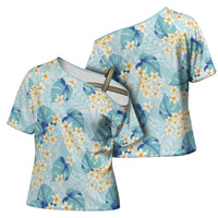 Pastel Cyan Tropical Hawaii Cross Shoulder Shirt Seamless Monstera Plumeria Hawaiian Pattern - Polynesian Pride