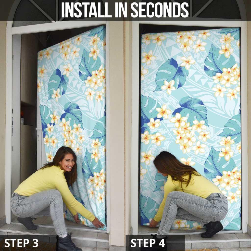 Pastel Cyan Tropical Hawaii Door Cover Seamless Monstera Plumeria Hawaiian Pattern - Polynesian Pride