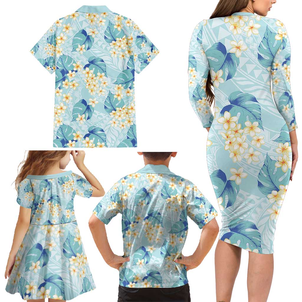 Pastel Cyan Tropical Hawaii Family Matching Long Sleeve Bodycon Dress and Hawaiian Shirt Seamless Monstera Plumeria Hawaiian Pattern LT14 - Polynesian Pride