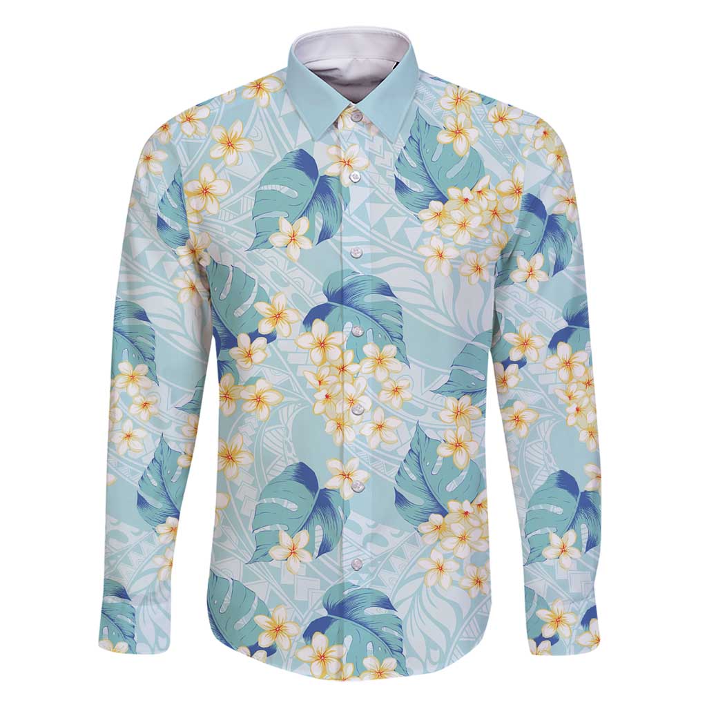 Pastel Cyan Tropical Hawaii Family Matching Long Sleeve Bodycon Dress and Hawaiian Shirt Seamless Monstera Plumeria Hawaiian Pattern LT14 Dad's Shirt - Long Sleeve Pastel Cyan - Polynesian Pride