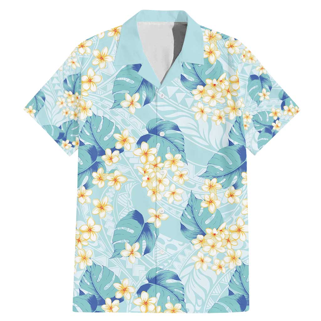 Pastel Cyan Tropical Hawaii Family Matching Mermaid Dress and Hawaiian Shirt Seamless Monstera Plumeria Hawaiian Pattern LT14 Dad's Shirt - Short Sleeve Pastel Cyan - Polynesian Pride