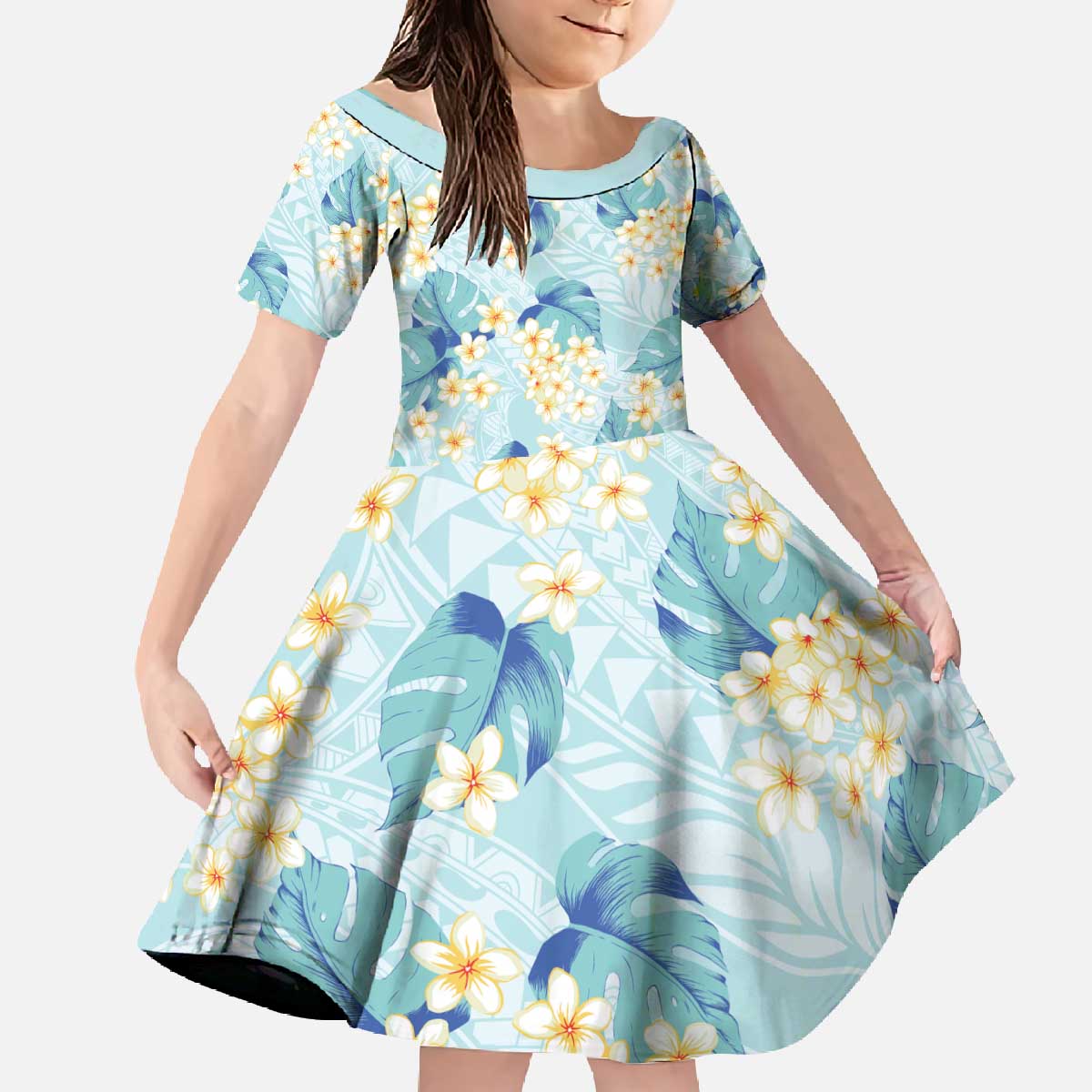 Pastel Cyan Tropical Hawaii Family Matching Off The Shoulder Long Sleeve Dress and Hawaiian Shirt Seamless Monstera Plumeria Hawaiian Pattern - Polynesian Pride