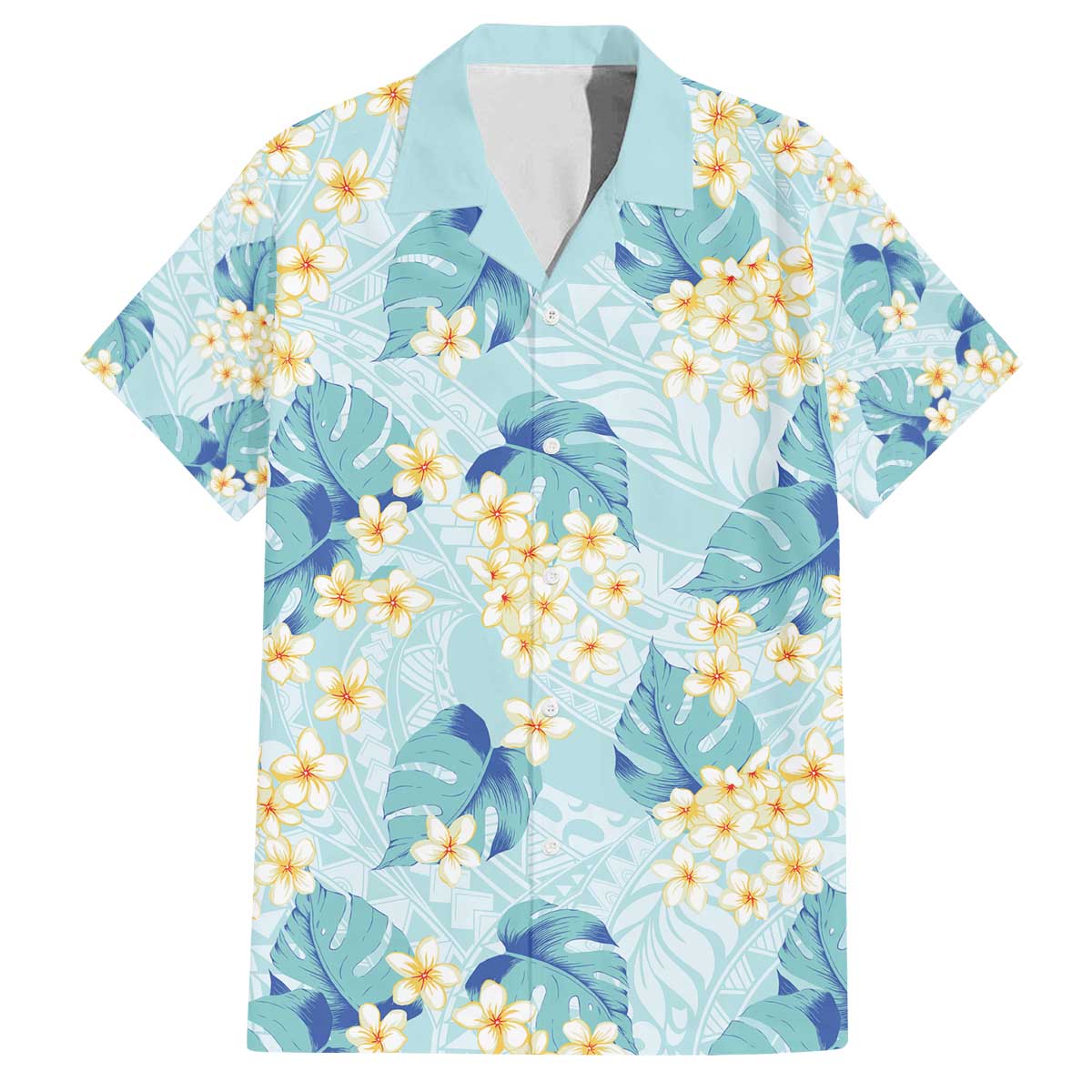 Pastel Cyan Tropical Hawaii Family Matching Off The Shoulder Long Sleeve Dress and Hawaiian Shirt Seamless Monstera Plumeria Hawaiian Pattern - Polynesian Pride