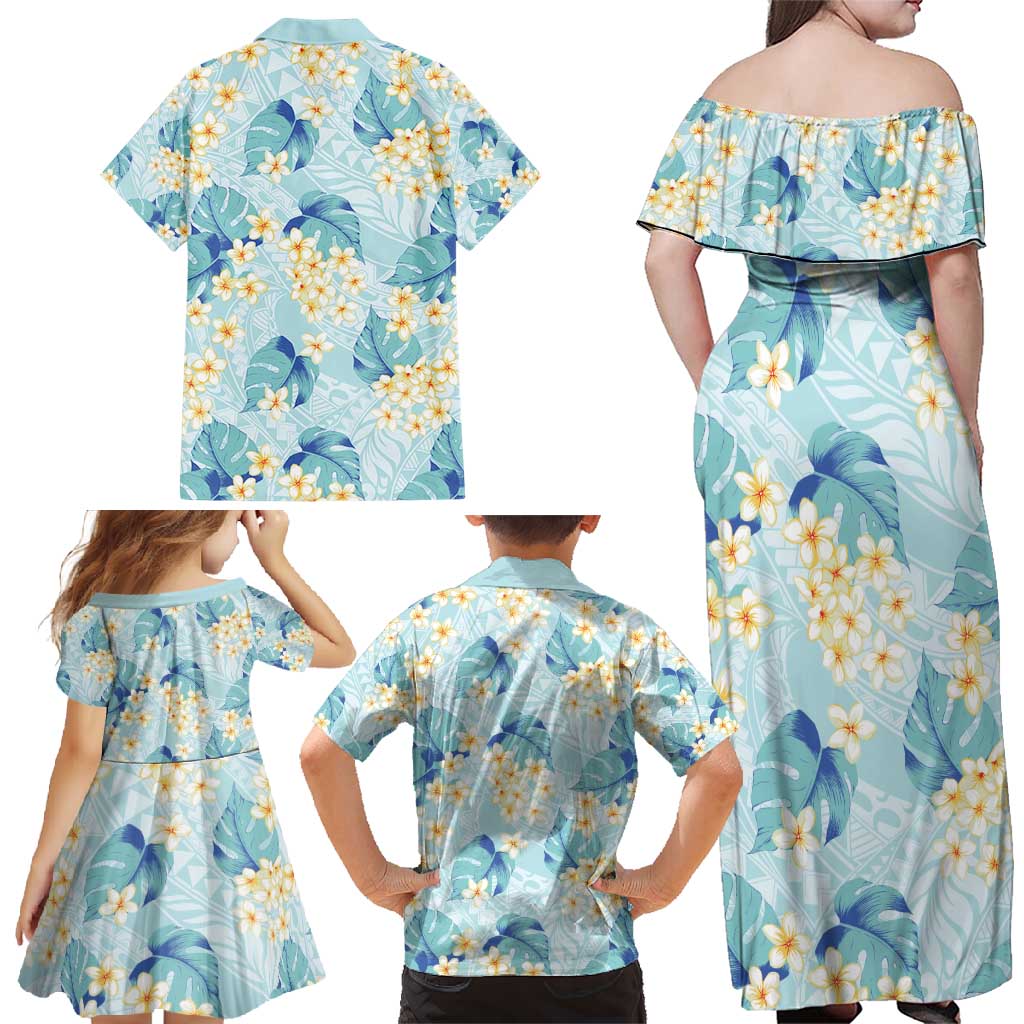 Pastel Cyan Tropical Hawaii Family Matching Off Shoulder Maxi Dress and Hawaiian Shirt Seamless Monstera Plumeria Hawaiian Pattern - Polynesian Pride