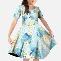 Pastel Cyan Tropical Hawaii Family Matching Puletasi and Hawaiian Shirt Seamless Monstera Plumeria Hawaiian Pattern LT14 Daughter's Dress Pastel Cyan - Polynesian Pride