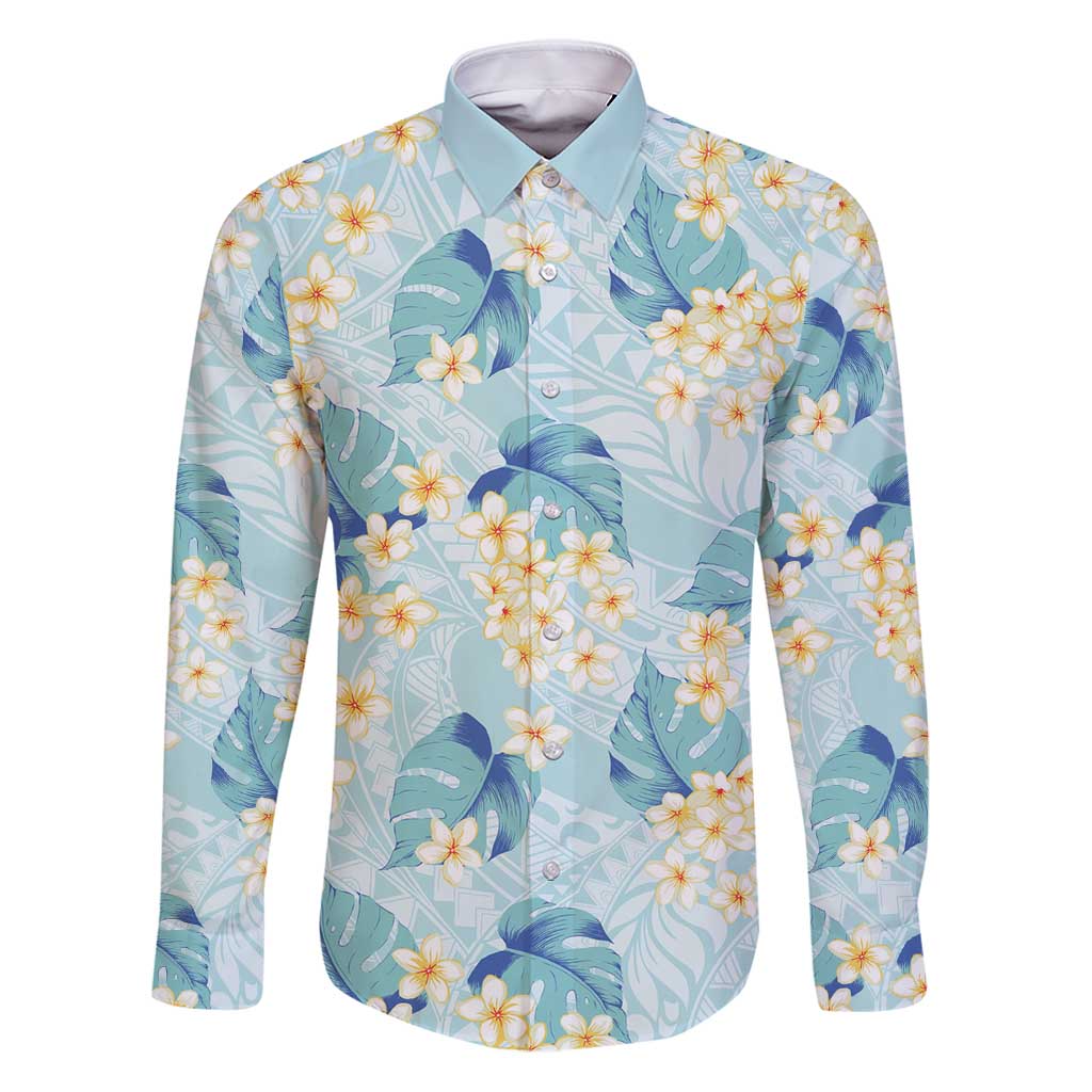 Pastel Cyan Tropical Hawaii Family Matching Puletasi and Hawaiian Shirt Seamless Monstera Plumeria Hawaiian Pattern LT14 Dad's Shirt - Long Sleeve Pastel Cyan - Polynesian Pride