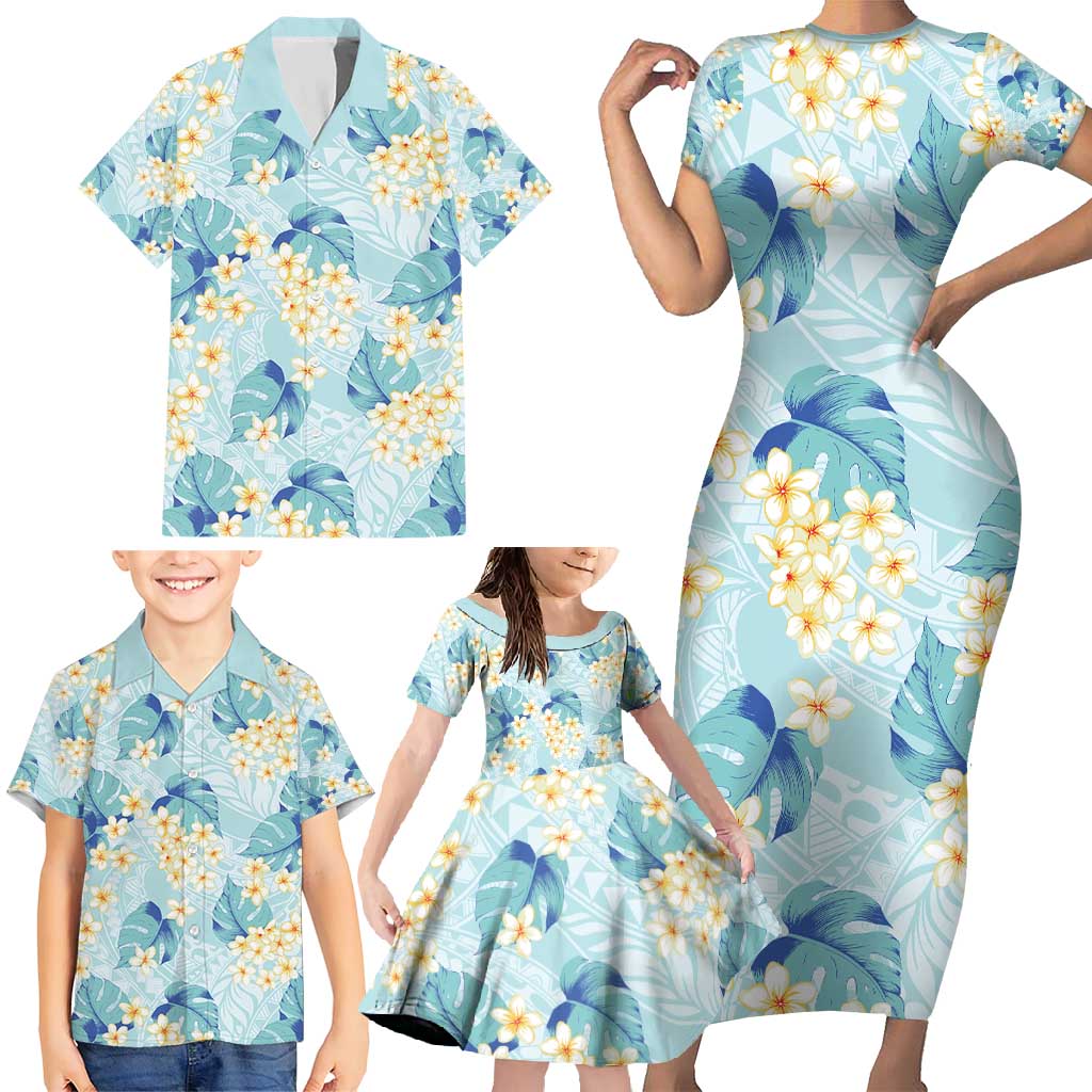 Pastel Cyan Tropical Hawaii Family Matching Short Sleeve Bodycon Dress and Hawaiian Shirt Seamless Monstera Plumeria Hawaiian Pattern - Polynesian Pride