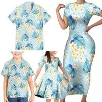 Pastel Cyan Tropical Hawaii Family Matching Short Sleeve Bodycon Dress and Hawaiian Shirt Seamless Monstera Plumeria Hawaiian Pattern LT14 - Polynesian Pride