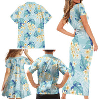 Pastel Cyan Tropical Hawaii Family Matching Short Sleeve Bodycon Dress and Hawaiian Shirt Seamless Monstera Plumeria Hawaiian Pattern LT14 - Polynesian Pride