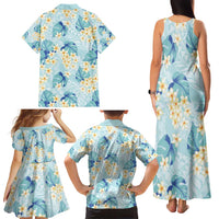 Pastel Cyan Tropical Hawaii Family Matching Tank Maxi Dress and Hawaiian Shirt Seamless Monstera Plumeria Hawaiian Pattern - Polynesian Pride
