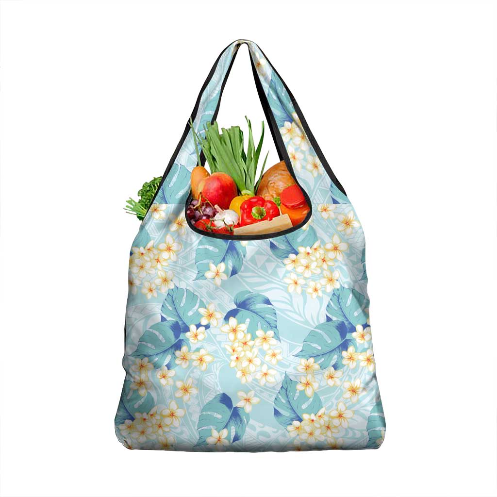 Pastel Cyan Tropical Hawaii Grocery Bag Seamless Monstera Plumeria Hawaiian Pattern - Polynesian Pride