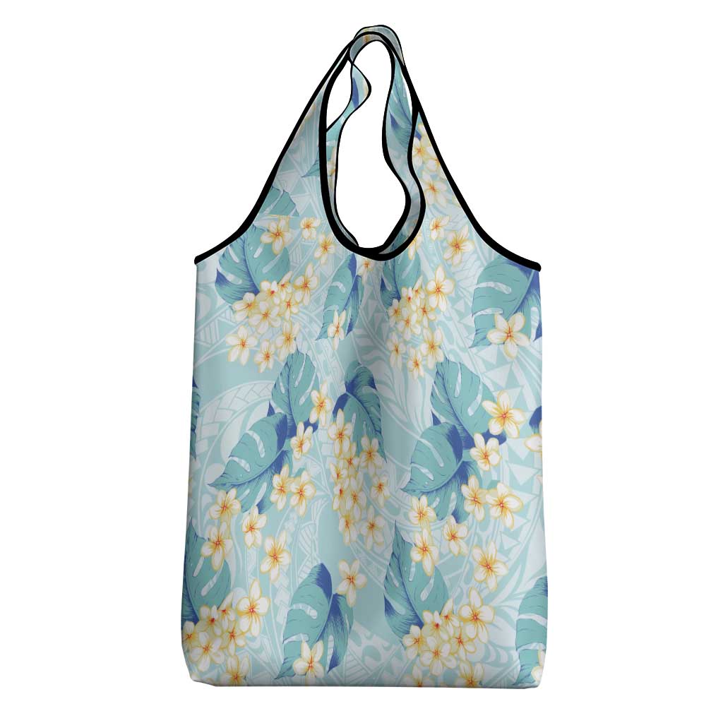 Pastel Cyan Tropical Hawaii Grocery Bag Seamless Monstera Plumeria Hawaiian Pattern - Polynesian Pride