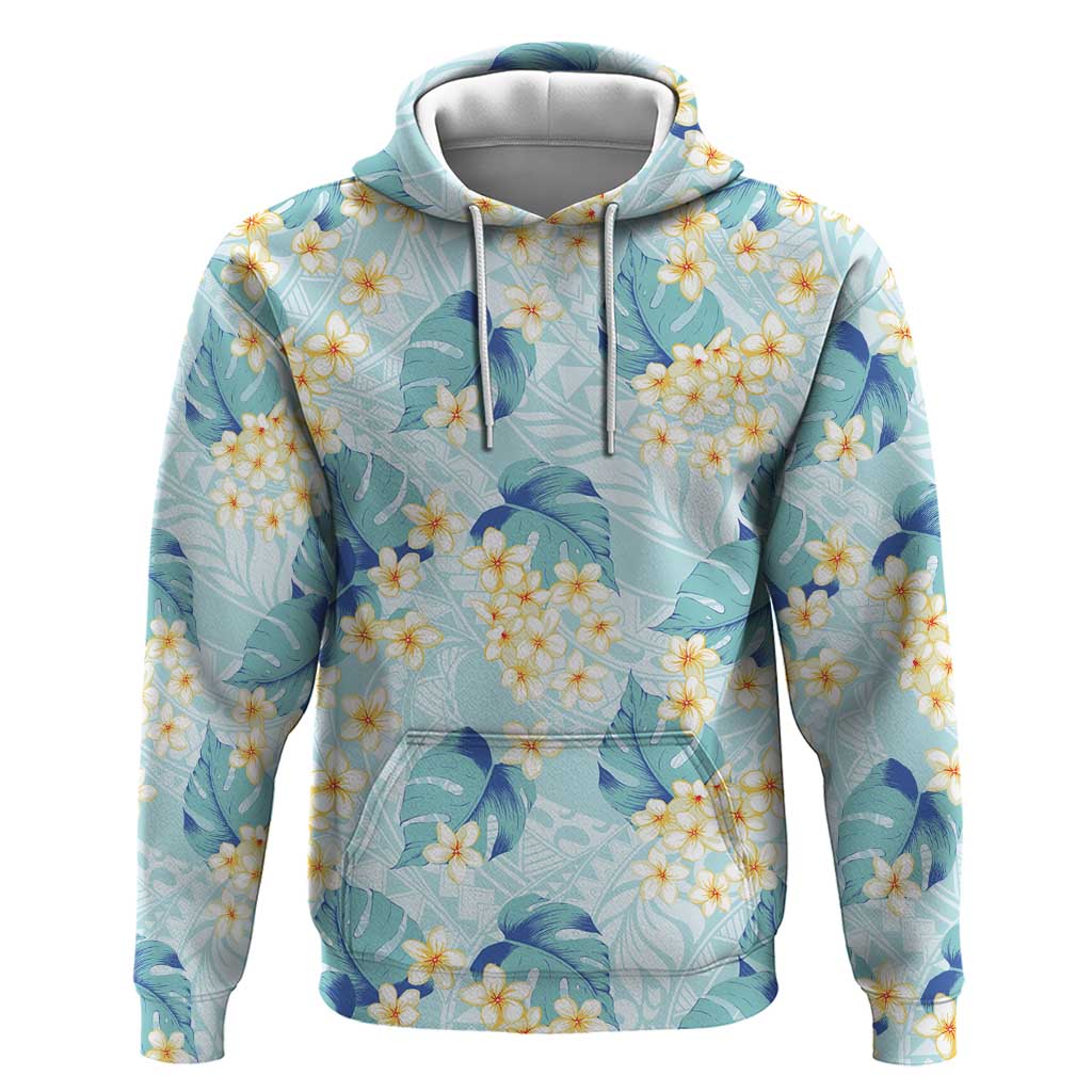 Pastel Cyan Tropical Hawaii Hoodie Seamless Monstera Plumeria Hawaiian Pattern - Polynesian Pride