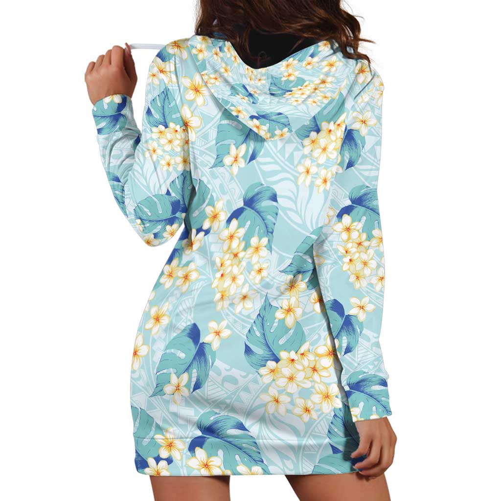 Pastel Cyan Tropical Hawaii Hoodie Dress Seamless Monstera Plumeria Hawaiian Pattern - Polynesian Pride