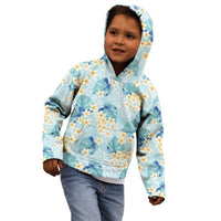 Pastel Cyan Tropical Hawaii Kid Hoodie Seamless Monstera Plumeria Hawaiian Pattern - Polynesian Pride