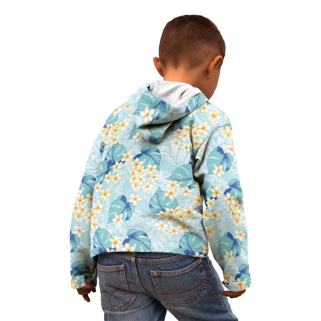 Pastel Cyan Tropical Hawaii Kid Hoodie Seamless Monstera Plumeria Hawaiian Pattern - Polynesian Pride