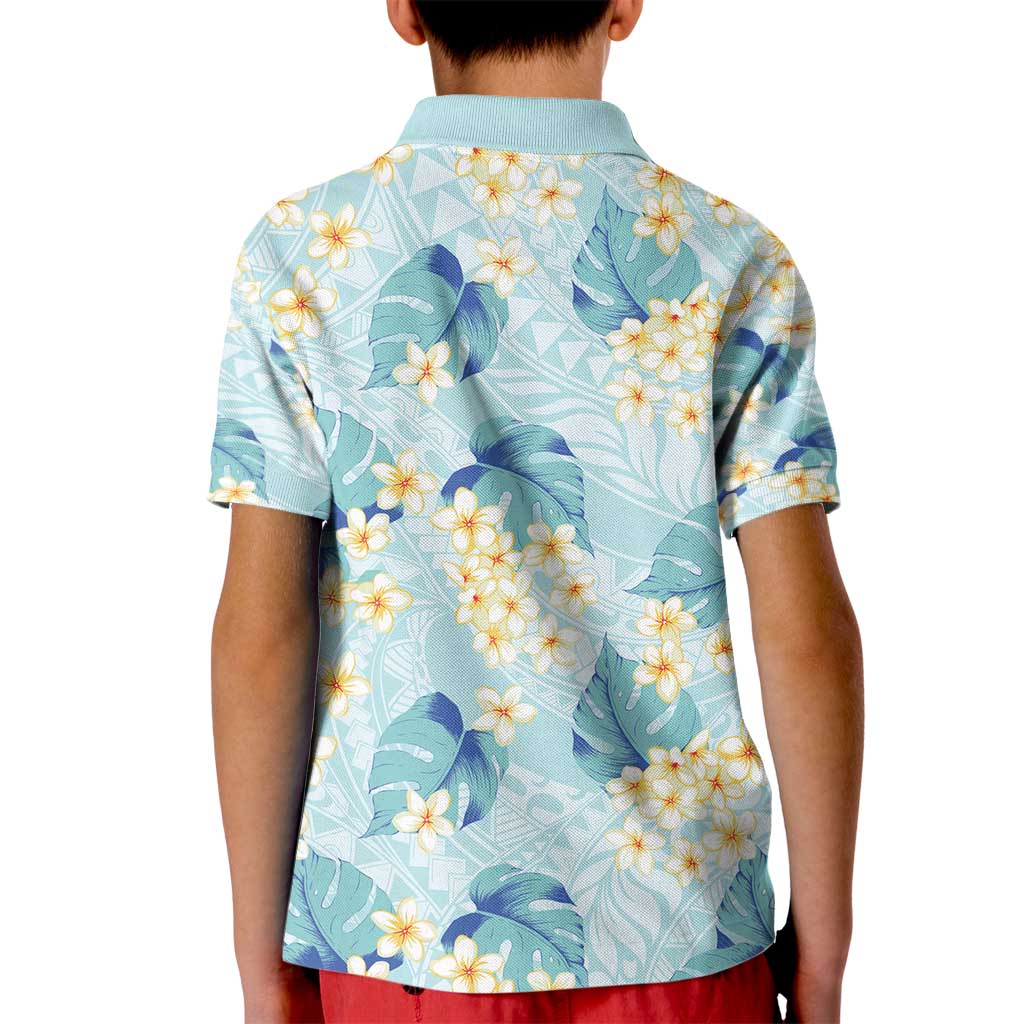 Pastel Cyan Tropical Hawaii Kid Polo Shirt Seamless Monstera Plumeria Hawaiian Pattern - Polynesian Pride