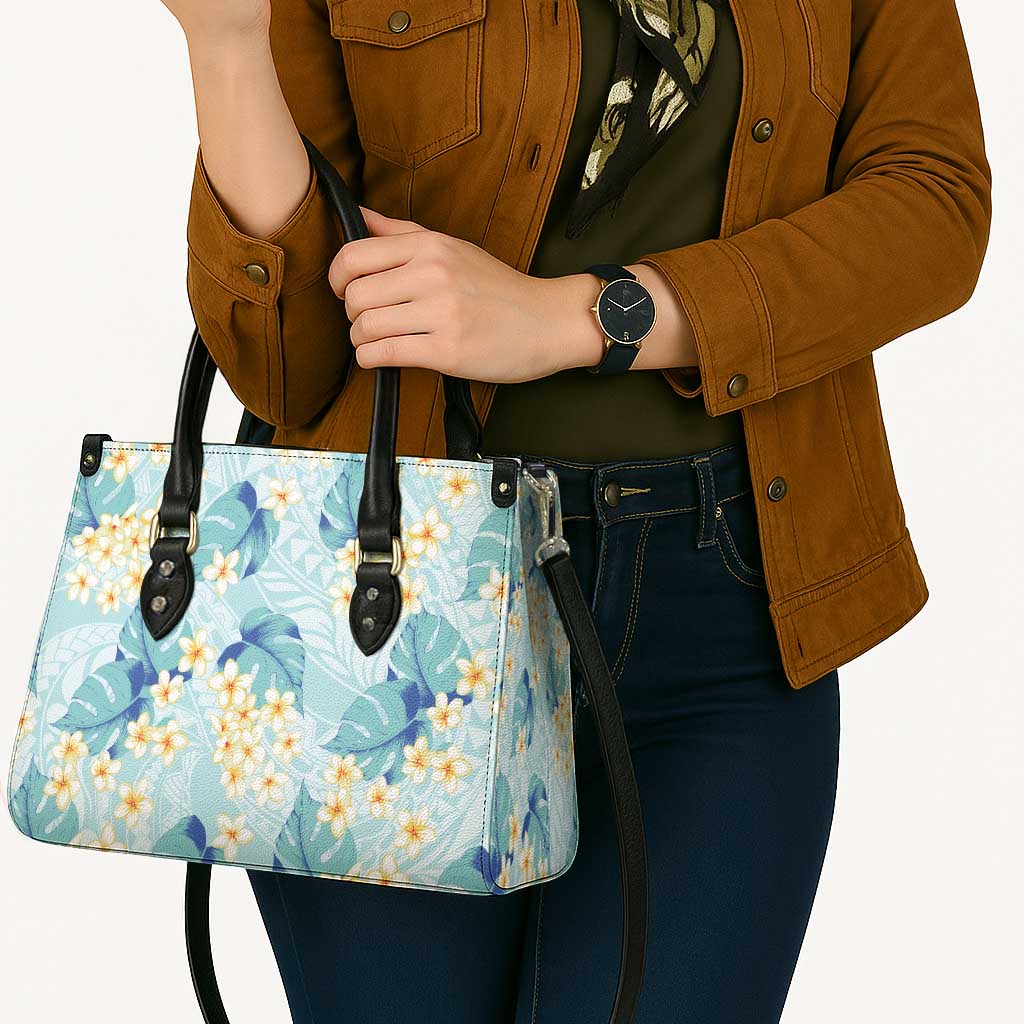 Pastel Cyan Tropical Hawaii Leather Bag Seamless Monstera Plumeria Hawaiian Pattern - Polynesian Pride