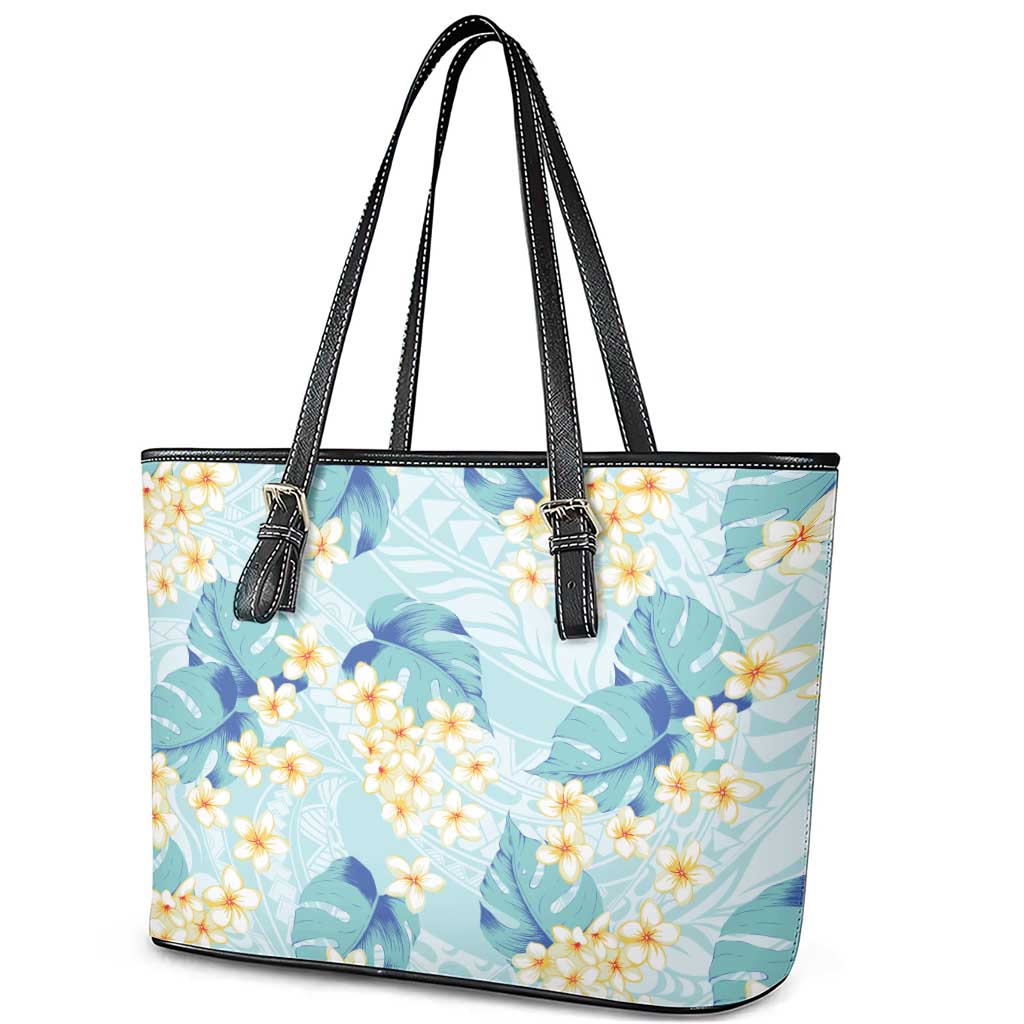 Pastel Cyan Tropical Hawaii Leather Tote Bag Seamless Monstera Plumeria Hawaiian Pattern - Polynesian Pride