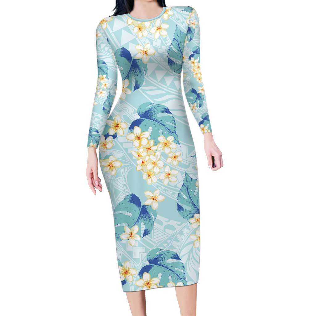 Pastel Cyan Tropical Hawaii Long Sleeve Bodycon Dress Seamless Monstera Plumeria Hawaiian Pattern - Polynesian Pride