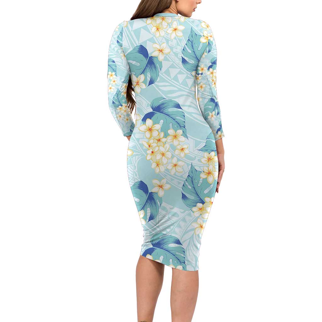 Pastel Cyan Tropical Hawaii Long Sleeve Bodycon Dress Seamless Monstera Plumeria Hawaiian Pattern - Polynesian Pride