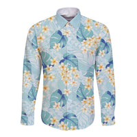 Pastel Cyan Tropical Hawaii Long Sleeve Button Shirt Seamless Monstera Plumeria Hawaiian Pattern - Polynesian Pride