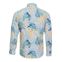 Pastel Cyan Tropical Hawaii Long Sleeve Button Shirt Seamless Monstera Plumeria Hawaiian Pattern - Polynesian Pride