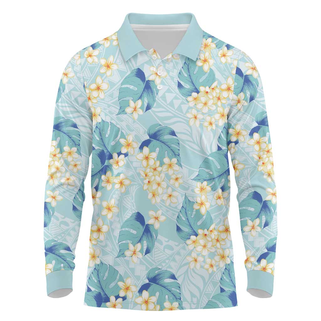 Pastel Cyan Tropical Hawaii Long Sleeve Polo Shirt Seamless Monstera Plumeria Hawaiian Pattern - Polynesian Pride