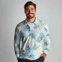 Pastel Cyan Tropical Hawaii Long Sleeve Polo Shirt Seamless Monstera Plumeria Hawaiian Pattern - Polynesian Pride