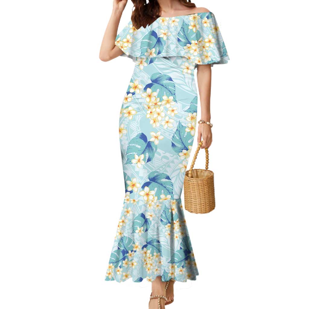 Pastel Cyan Tropical Hawaii Mermaid Dress Seamless Monstera Plumeria Hawaiian Pattern - Polynesian Pride