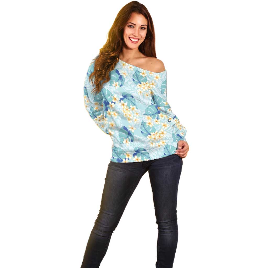 Pastel Cyan Tropical Hawaii Off Shoulder Sweater Seamless Monstera Plumeria Hawaiian Pattern - Polynesian Pride
