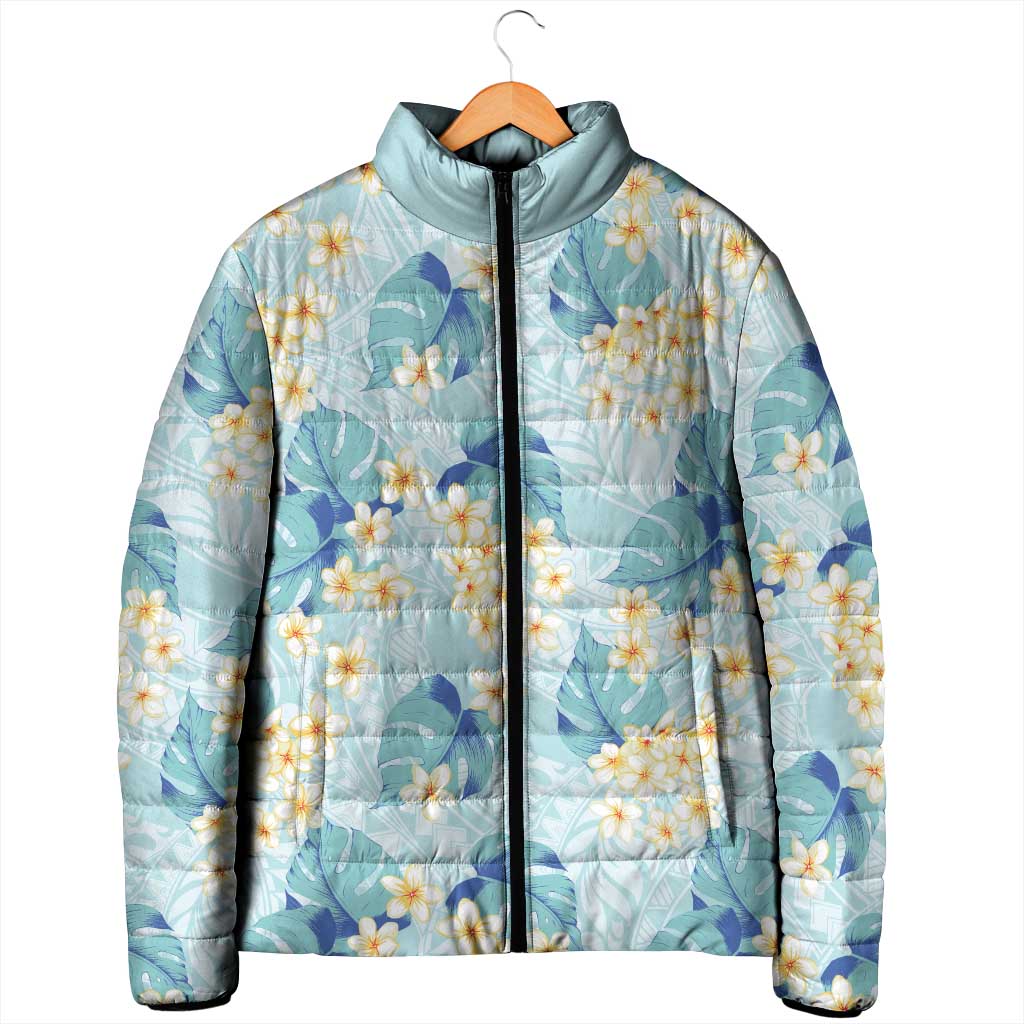 Pastel Cyan Tropical Hawaii Padded Jacket Seamless Monstera Plumeria Hawaiian Pattern - Polynesian Pride