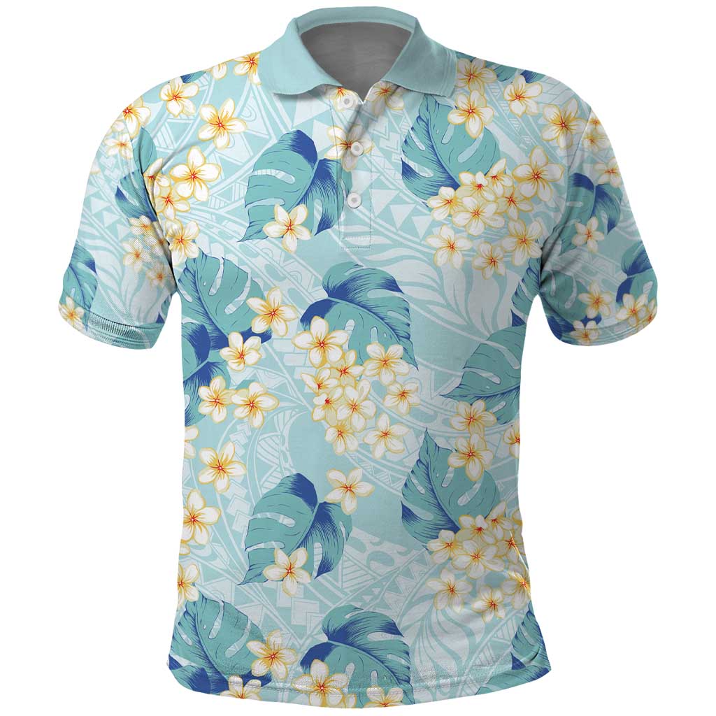 Pastel Cyan Tropical Hawaii Polo Shirt Seamless Monstera Plumeria Hawaiian Pattern - Polynesian Pride