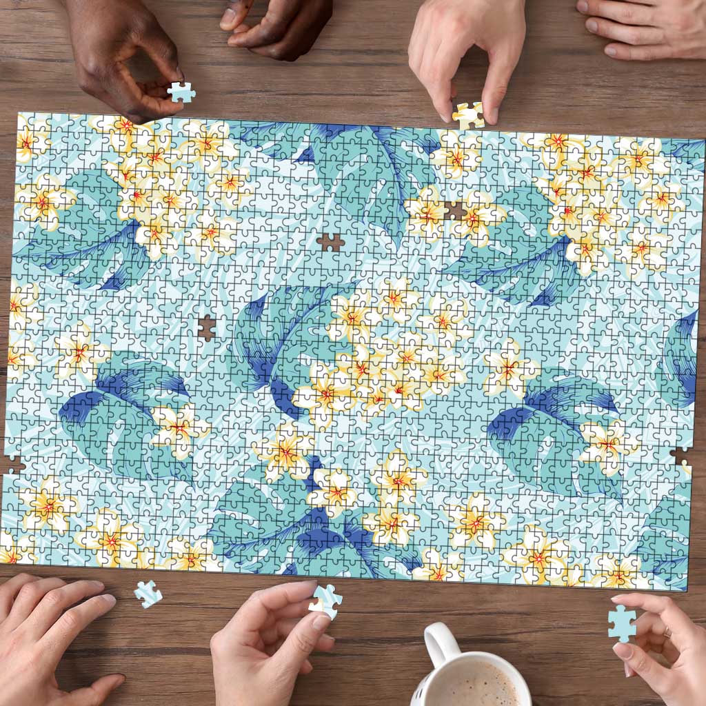 Pastel Cyan Tropical Hawaii Puzzle Seamless Monstera Plumeria Hawaiian Pattern - Polynesian Pride