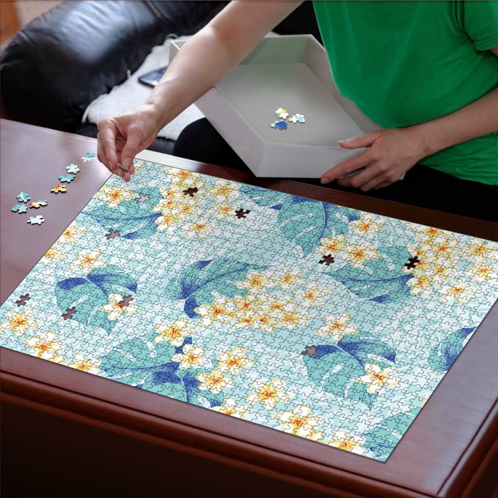 Pastel Cyan Tropical Hawaii Puzzle Seamless Monstera Plumeria Hawaiian Pattern - Polynesian Pride