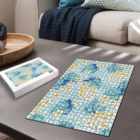Pastel Cyan Tropical Hawaii Puzzle Seamless Monstera Plumeria Hawaiian Pattern - Polynesian Pride