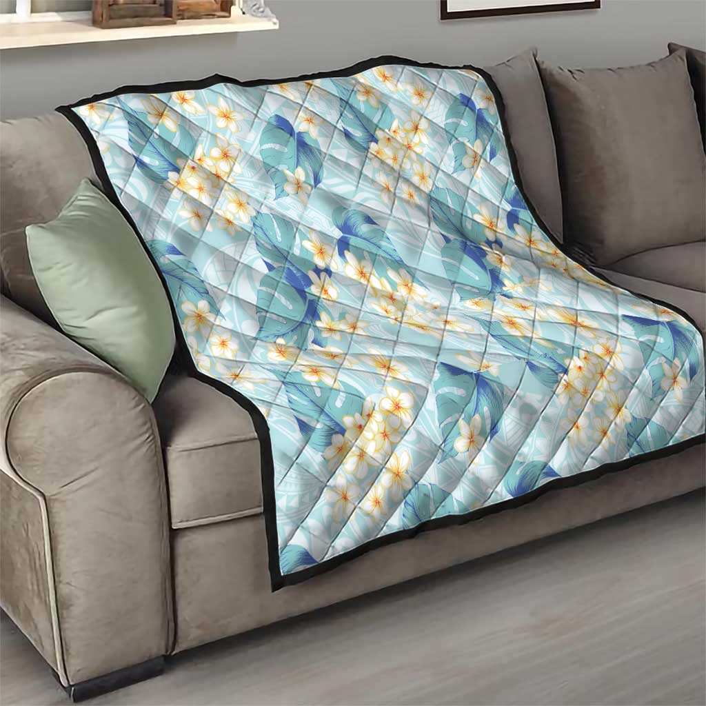 Pastel Cyan Tropical Hawaii Quilt Seamless Monstera Plumeria Hawaiian Pattern - Polynesian Pride