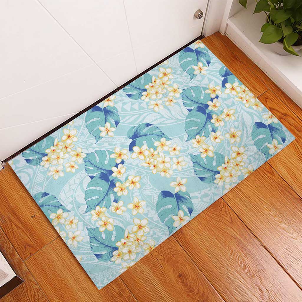 Pastel Cyan Tropical Hawaii Rubber Doormat Seamless Monstera Plumeria Hawaiian Pattern - Polynesian Pride