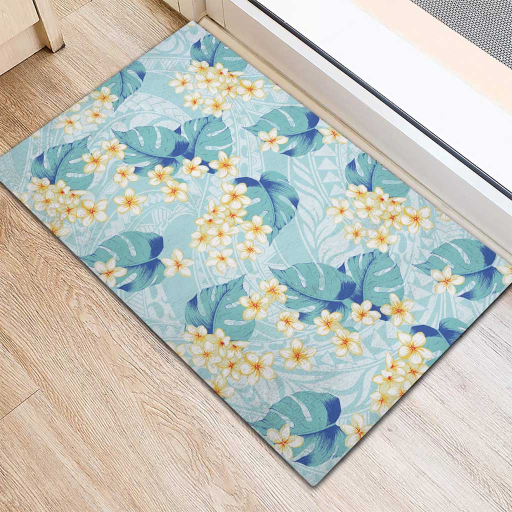 Pastel Cyan Tropical Hawaii Rubber Doormat Seamless Monstera Plumeria Hawaiian Pattern - Polynesian Pride