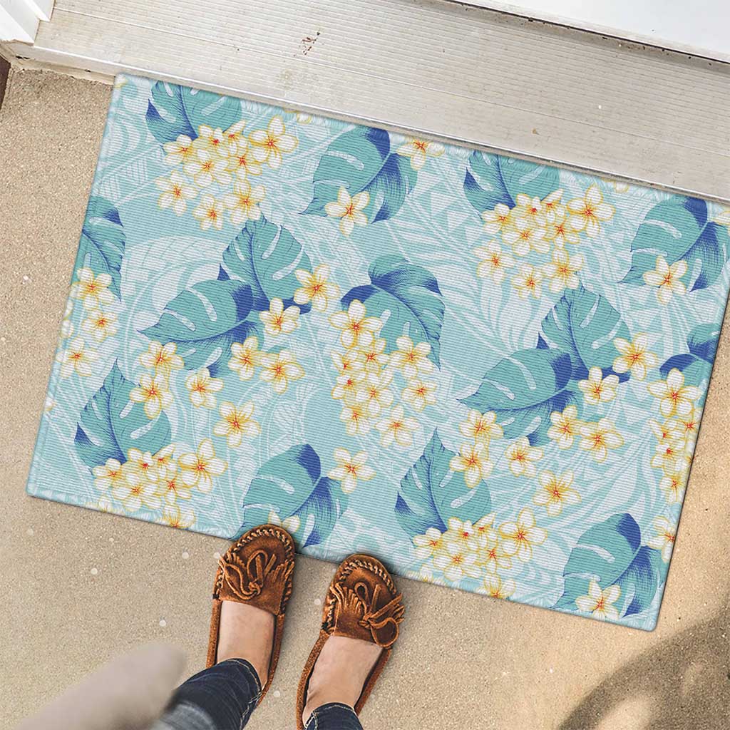 Pastel Cyan Tropical Hawaii Rubber Doormat Seamless Monstera Plumeria Hawaiian Pattern - Polynesian Pride