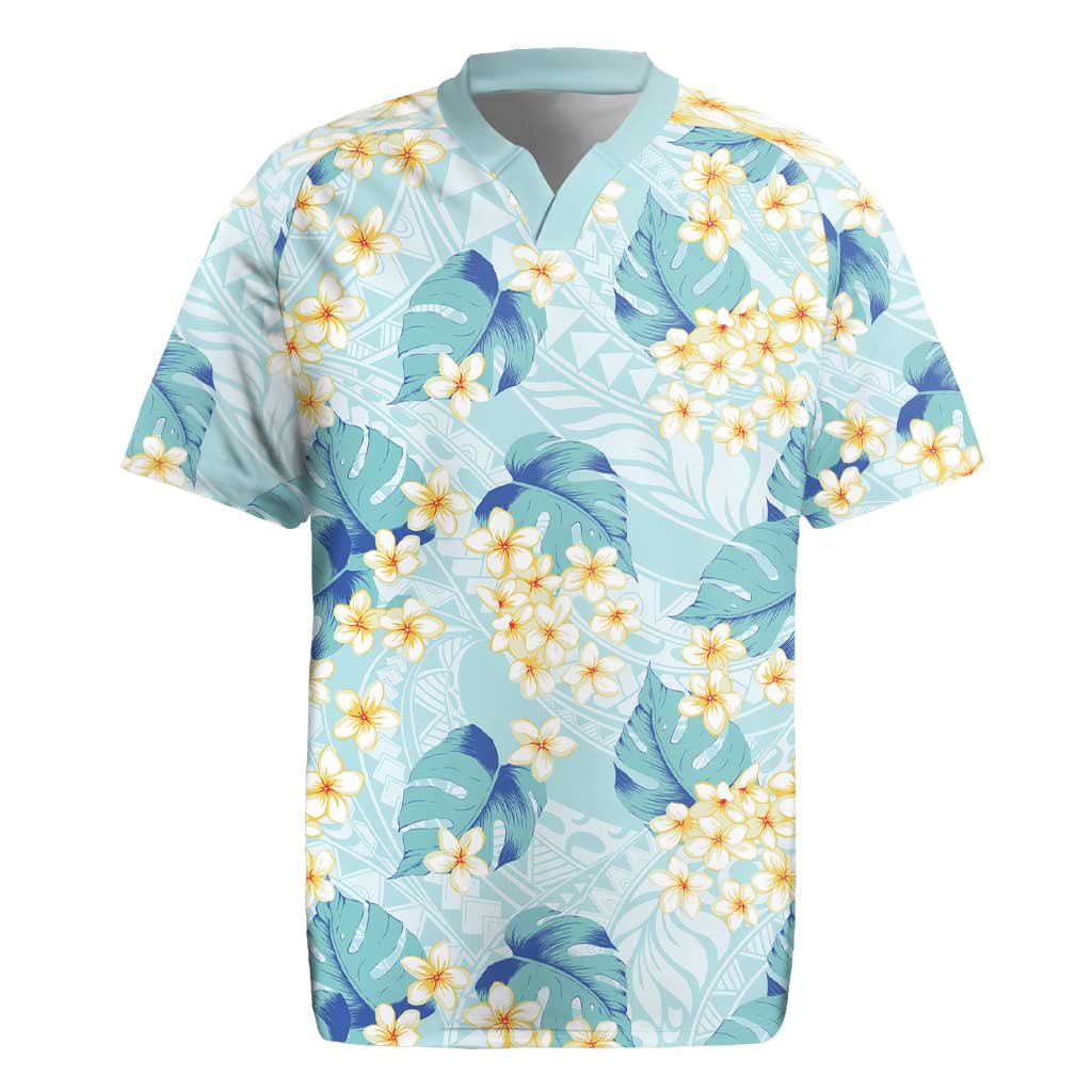 Pastel Cyan Tropical Hawaii Rugby Jersey Seamless Monstera Plumeria Hawaiian Pattern - Polynesian Pride