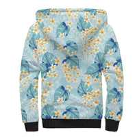 Pastel Cyan Tropical Hawaii Sherpa Hoodie Seamless Monstera Plumeria Hawaiian Pattern - Polynesian Pride
