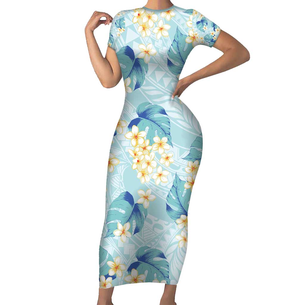 Pastel Cyan Tropical Hawaii Short Sleeve Bodycon Dress Seamless Monstera Plumeria Hawaiian Pattern - Polynesian Pride
